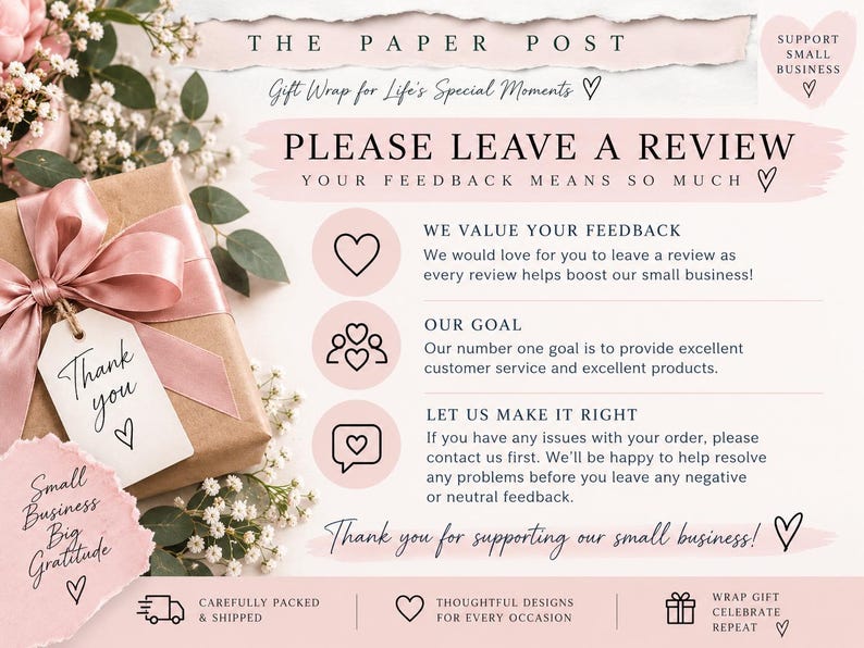 May include: A promotional graphic for The Paper Post featuring a gift box with a pink ribbon and a thank you tag. The text includes requests for customer reviews, feedback, and support for small business, alongside icons of hearts and people.
