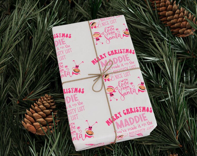 Pink Christmas Gift Wrap, Personalized Wrapping Paper, Custom Name Gift Wrap, Naughty and Nice List, Christmas Elves Gift Wrap