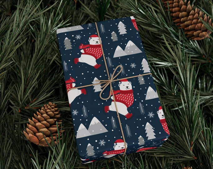 Polar Bear Christmas Wrapping Paper Roll, Christmas Gift Wrap, Christmas Wrapping Paper, Polar Bears Ice Skating Gift Wrap