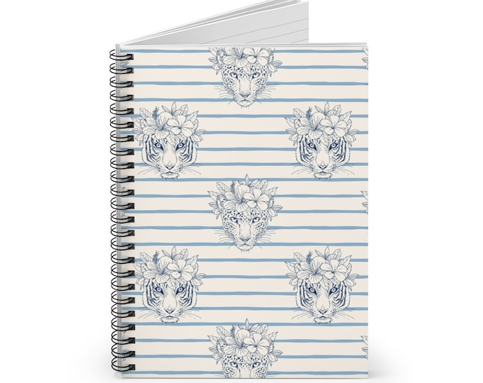 Spiral Notebook, Ruled Line, Spiral Journal, Blue Ink Tropical, Blue Striped, Tropical Wild Cats, Wild Cats Pattern, Stationery