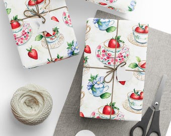 Whimsical Cottage Core Tea and Strawberries Wrapping Papers, Gift Wrap for Presents, Cute Wrapping Paper Roll, Birthday Gift Packaging