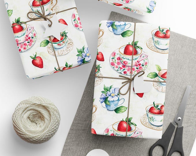 Whimsical Cottage Core Tea and Strawberries Wrapping Papers, Gift Wrap for Presents, Cute Wrapping Paper Roll, Birthday Gift Packaging