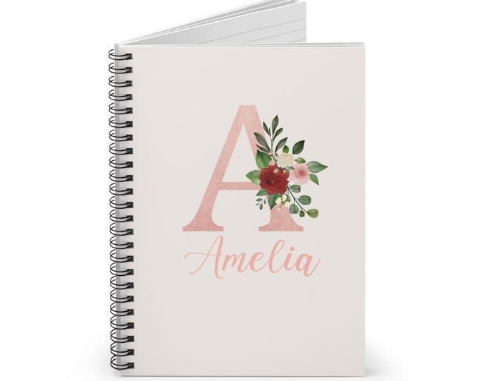 Personalized Spiral Notebook, Ruled Line, Spiral Journal, Custom Name Notebook, Floral Monogram Notebook, Personalized Gift