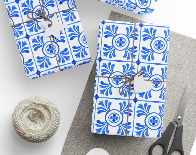 Blue Ceramic Tile Wrapping Paper, Blue Ceramic Tile Gift Wrap, Mediterranean Tile Gift Wrap, Wedding Gift Wrap, Wrapping Paper Roll