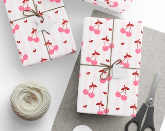 Pink Coquette Gift Wrap, Coquette Cherries and Hearts Gift Wrap, Coquette Themed Birthday, Coquette Themed Bridal Shower Gift Wrap