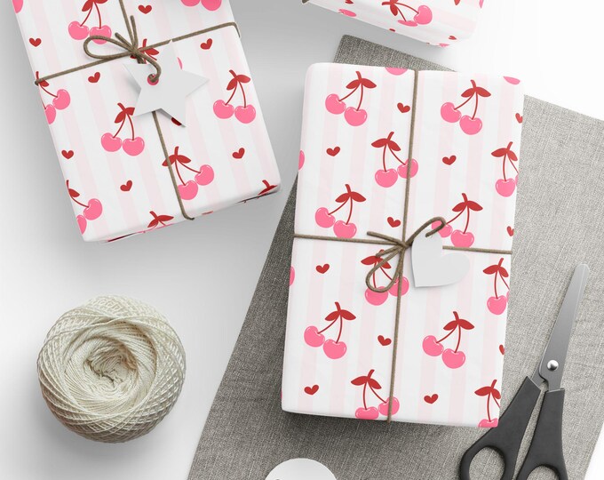 Pink Coquette Gift Wrap, Coquette Cherries and Hearts Gift Wrap, Coquette Themed Birthday, Coquette Themed Bridal Shower Gift Wrap