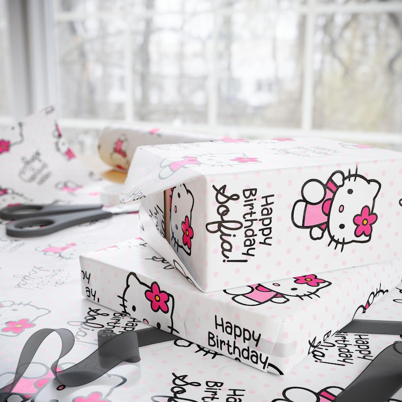 Personalized Hello Kitty Pattern wrapping paper | Birthday Gift Wrap, Pink Character Prin image 2
