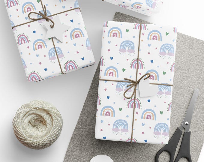 Baby Shower Gift Wrap, Rainbow Gift Wrap, Hearts and Stars Gift Wrap, Wrapping Paper Roll, Gift Wrap for Baby, Newborn baby Gift Wrap