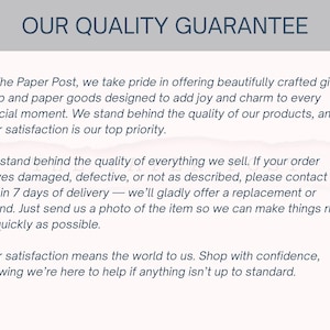 May include: A white informational card with dark gray text titled OUR QUALITY GUARANTEE. It states that The Paper Post offers gift wrap and paper goods, and outlines a policy for replacements or refunds if items arrive damaged or defective.