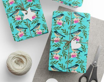 Birds and Flowers Gift Wrap: Turquoise Floral Wrapping Paper