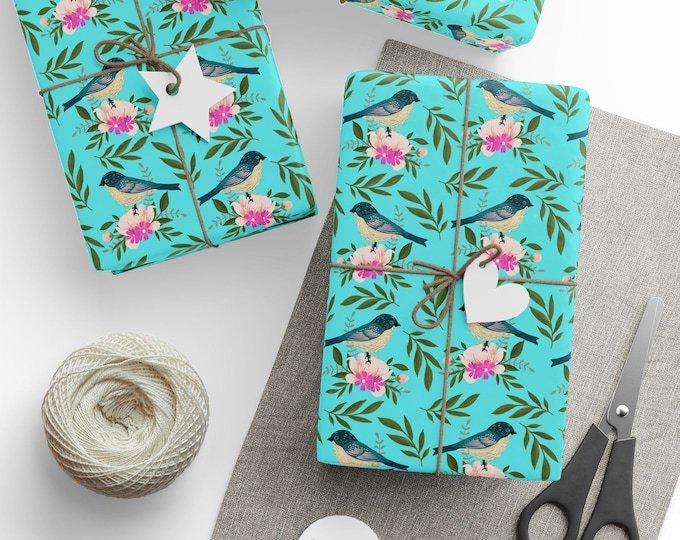 Birds and Flowers Gift Wrap, Bird Lovers Wrapping Paper, Turquoise Gift Wrap, Gift Wrap for Bird Watchers, Birthday Gift Wrap