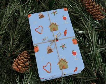 Blue Christmas Gift Wrap, Holiday Print, 90gsm Fine Art Paper