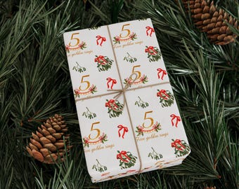 Five Golden Rings Christmas Gift Wrap, Whimsical Holiday Paper