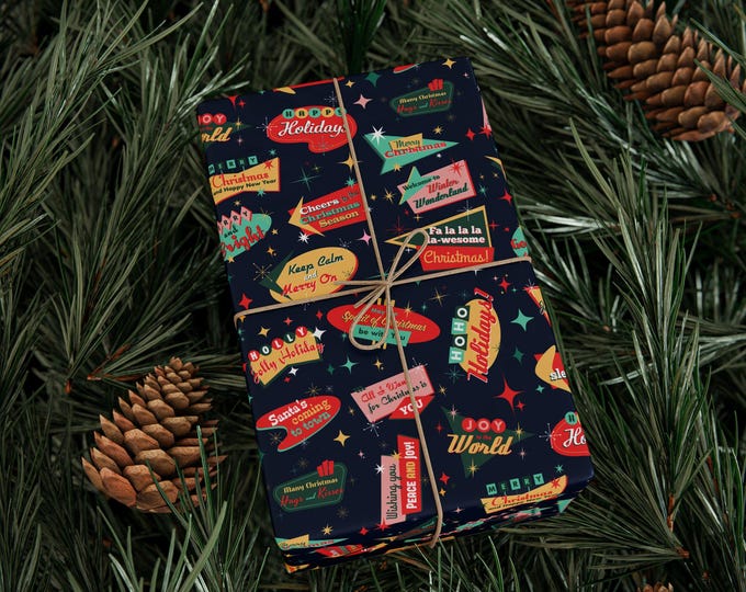 Retro Christmas Wrapping Paper Roll, Retro Holiday Gift Wrap, Midcentury Typography Christmas Gift Wrap, Retro Christmas Gift Wrap