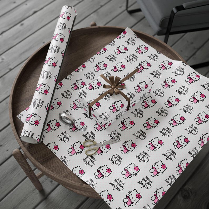 Personalized Hello Kitty Pattern wrapping paper | Birthday Gift Wrap, Pink Character Prin image 4