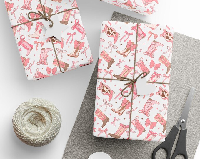 Pink Coquette Cowgirl Gift Wrap, Coquette Birthday Gift Wrap, Pink Bows and Cowgirl Boots Gift Wrap, Coquette Cowgirl, Bridal Shower  Wrap