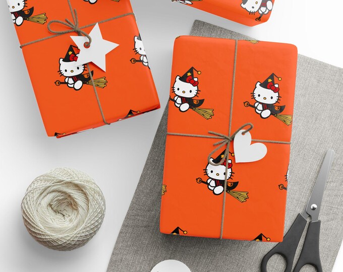 Halloween Hello Kitty Witch Orange Wrapping Paper, Hello Kitty Gift Wrap, Spooky Hello Kitty Gift Wrap, Halloween Hello Kitty Gift Wrap