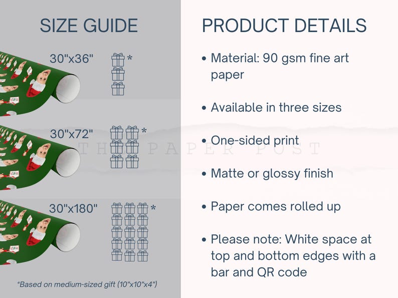May include: A green wrapping paper roll featuring a repeating pattern of elves in red and white outfits. The product details list 90 gsm fine art paper, available in 30"x36", 30"x72", and 30"x180" sizes, with a matte or glossy finish and one-sided print.