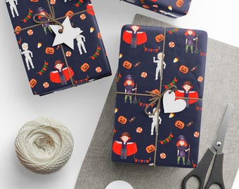Spooky Halloween Party Wrapping Paper: Witches, Mummies, Dracula