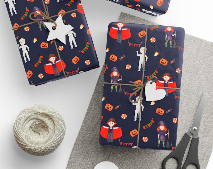 Halloween Birthday Party Wrapping Paper, Spooky Halloween Party Gift Wrap, Halloween Costumes Gift Wrap, Spooky Witches, Mummies, Dracula