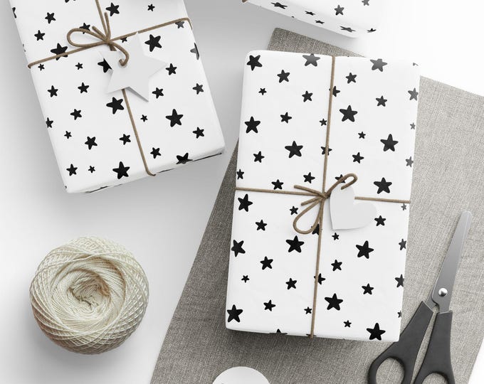 Black and White Stars Wrapping Paper, Black & White Gift Wrap, Black and White Stars Gift Wrap, Black and White Wrapping Paper Roll