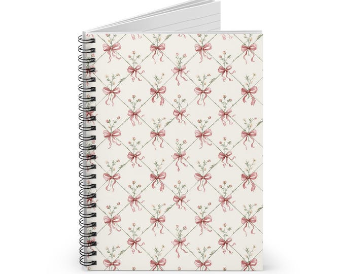 Pink Floral Bow Pattern Spiral Notebook | Ruled Notebook