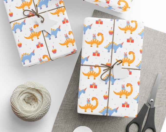 Cute Dinosaur Birthday Gift Wrap, Birthday Boy Gift Wrap, Birthday Girl Gift Wrap, Dino Gift Wrap, Wrapping Paper Roll, Birthday Gift Wrap