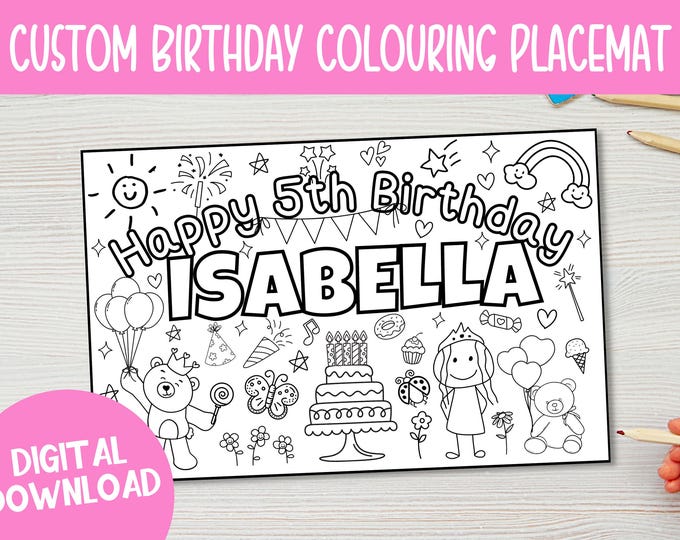 Custom Birthday Coloring Placemat, Kids Party Activity (Digital Download)