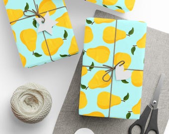 Yellow Pear Pattern Wrapping Paper | Aqua Fruit Gift Wrap, Hand-Drawn Design