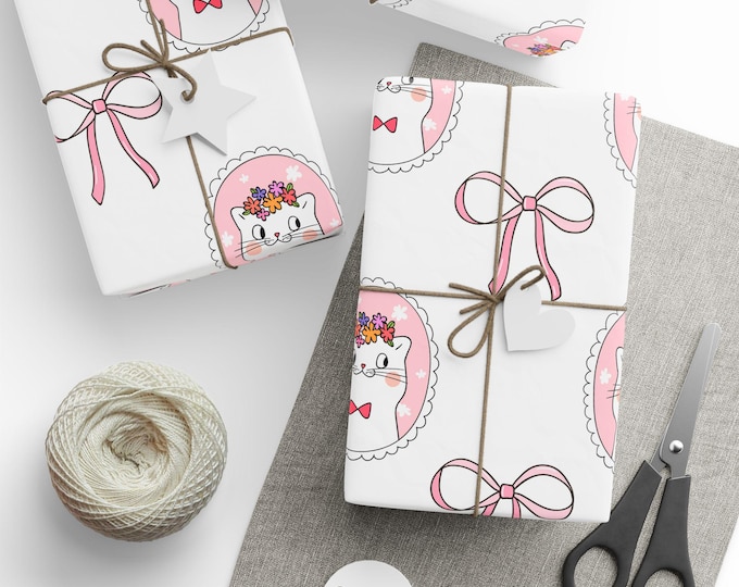 Coquette Cat Gift Wrap, Pink Bows and Cats, Birthday Pretty Pink Paper, Cat Lovers, Gift Wrap, Cat Gift Wrap, Cat Birthday