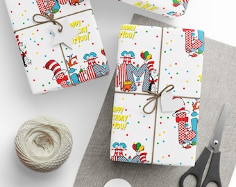 Dr Seuss Whimsical Birthday wrapping paper | Custom Name Kids Birthday Gift Wrap