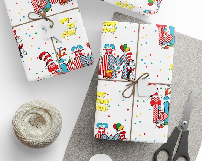 Dr Seuss Whimsical Birthday wrapping paper | Custom Name Kids Birthday Gift Wrap