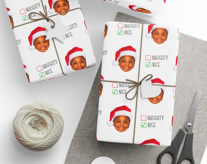 Custom Photo Christmas Wrapping Paper, Personalized Gift Wrap, Naughty or Nice, Holiday Wrapping Paper, Christmas Presents Wrap, Festive