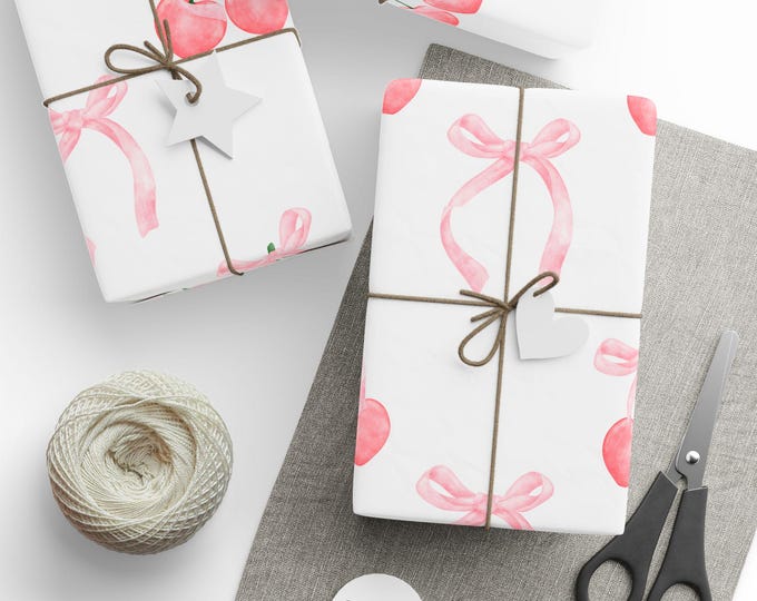 Coquette Gift Wrap, Coquette Aesthetic, Pink Bows and Cherries Gift Wrap, Coquette Themed Birthday, Coquette Themed Bridal Shower Gift Wrap