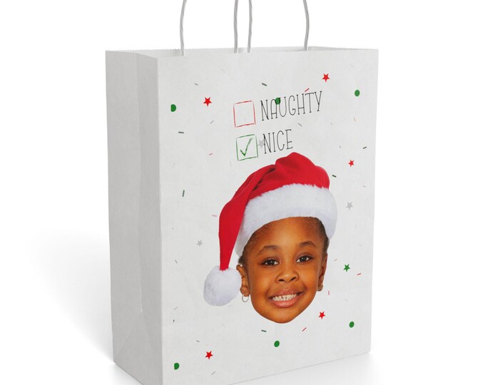 Santa Hat Photo Face Paper Gift Bag | Naughty Nice Checkbox Holiday Gift Bag