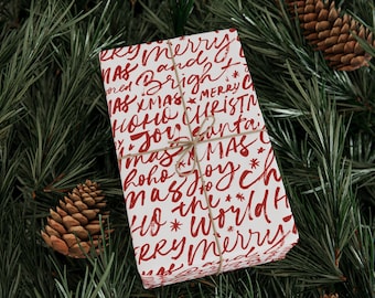 Red Word Art Christmas Wrapping Paper, Holiday Gift Wrap