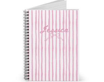 Pink Watercolor Stripe Coquette Bow Spiral Notebook, Personalized Journal