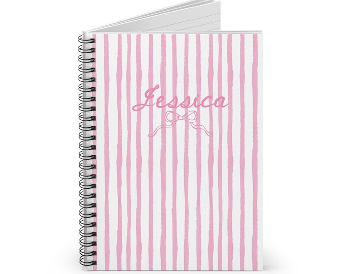 Featured listing image: Pink Watercolor Stripe Coquette Bow Spiral Notebook, Personalized Journal