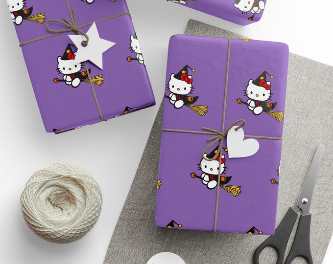 Halloween Hello Kitty Witch Purple Wrapping Paper, Hello Kitty Gift Wrap, Spooky Hello Kitty Gift Wrap, Halloween Hello Kitty Gift Wrap