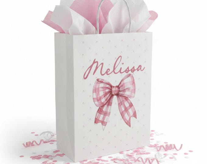 Personalized Pink Gingham Bow Paper Gift Bag | Custom Name