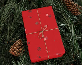 Red Christmas Wrapping Paper Roll, Snowflake Design