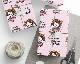 Personalized Hello Kitty Rainbow Birthday Wrapping Paper: Custom Name Gift Wrap