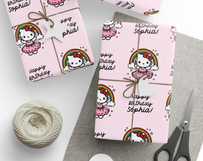 Personalized Hello Kitty Rainbow Birthday Wrapping Paper: Custom Name Gift Wrap