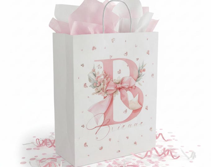 Pink Floral Letter Paper Gift Bag | Monogram Initial Bag