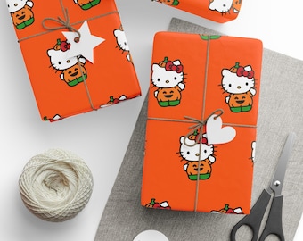 Halloween Hello Kitty Pumpkin Orange Wrapping Paper, Hello Kitty Gift Wrap, Spooky Hello Kitty Gift Wrap, Halloween Hello Kitty Gift Wrap