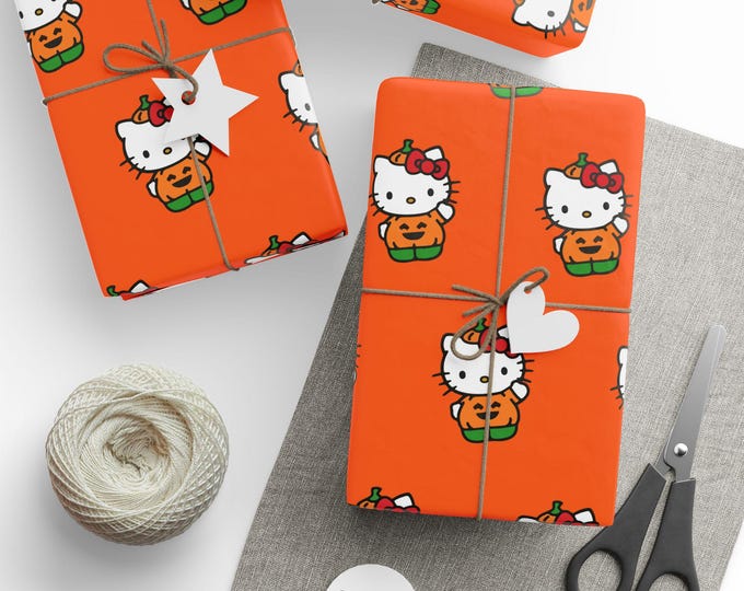 Halloween Hello Kitty Pumpkin Orange Wrapping Paper, Hello Kitty Gift Wrap, Spooky Hello Kitty Gift Wrap, Halloween Hello Kitty Gift Wrap