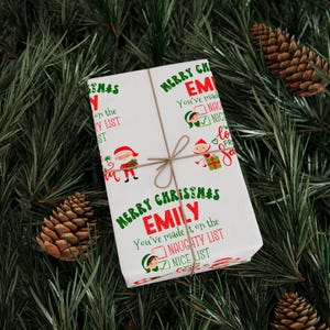 Personalized Wrapping Paper, Custom Name Gift Wrap, Naughty and Nice List, Santa and Elves Christmas Gift Wrap, Christmas Wrapping Paper