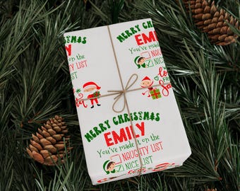 Personalized Wrapping Paper, Custom Name Gift Wrap, Naughty and Nice List, Santa and Elves Christmas Gift Wrap, Christmas Wrapping Paper