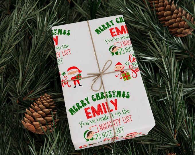 Personalized Wrapping Paper, Custom Name Gift Wrap, Naughty and Nice List, Santa and Elves Christmas Gift Wrap, Christmas Wrapping Paper