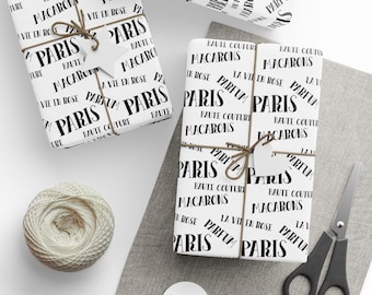 Paris Word Art Gift Wrap: Black & White Gloss Paper